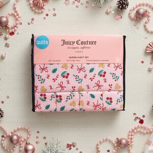 NEW Juicy Couture Candy Cane Christmas Queen Sheet Set — Cherries, Bows, Logo